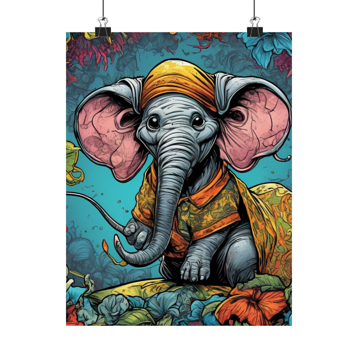 Colorful Storybook Elephant Floral Garden Wall Art Poster