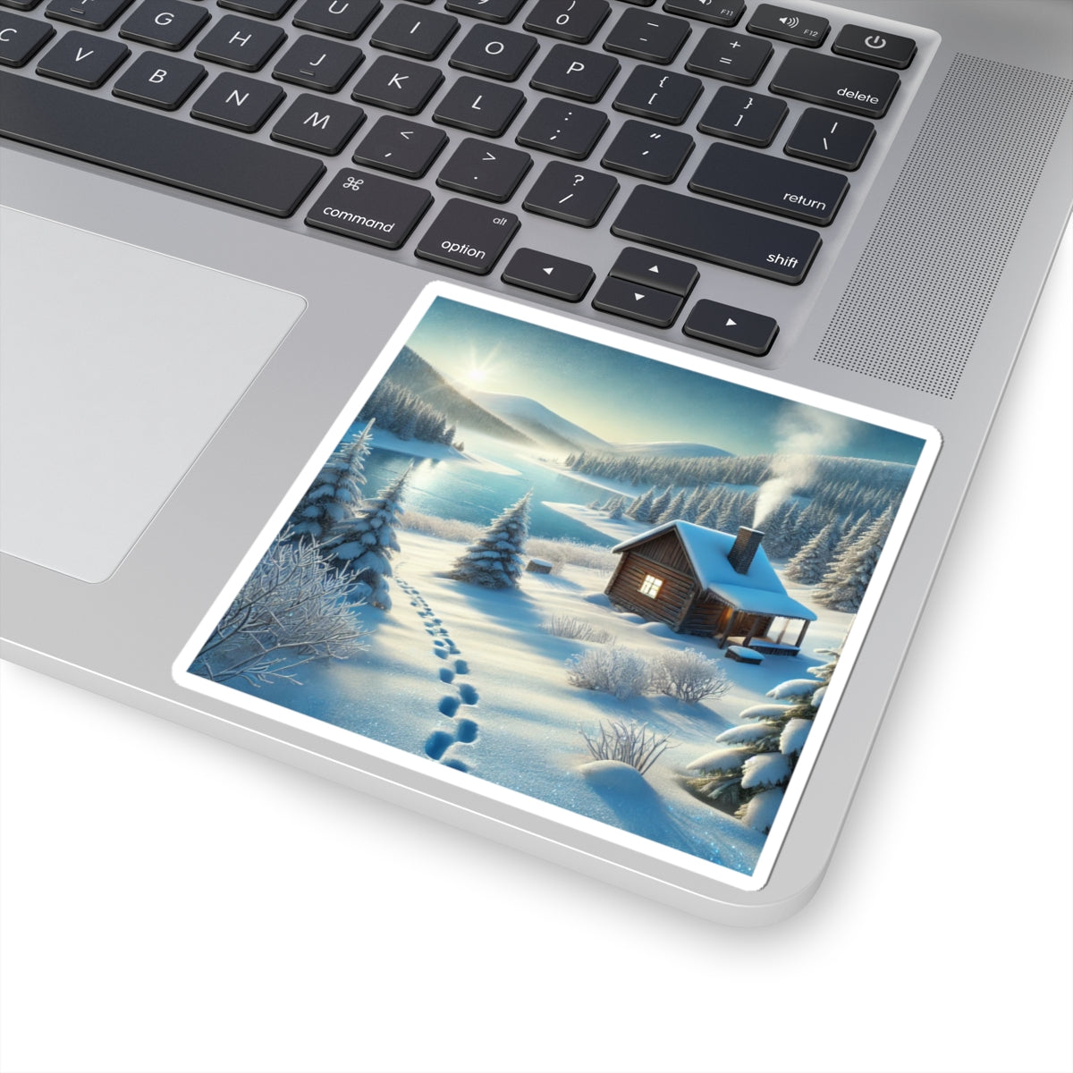 Snowy Cabin Winter Lake Landscape Art Sticker