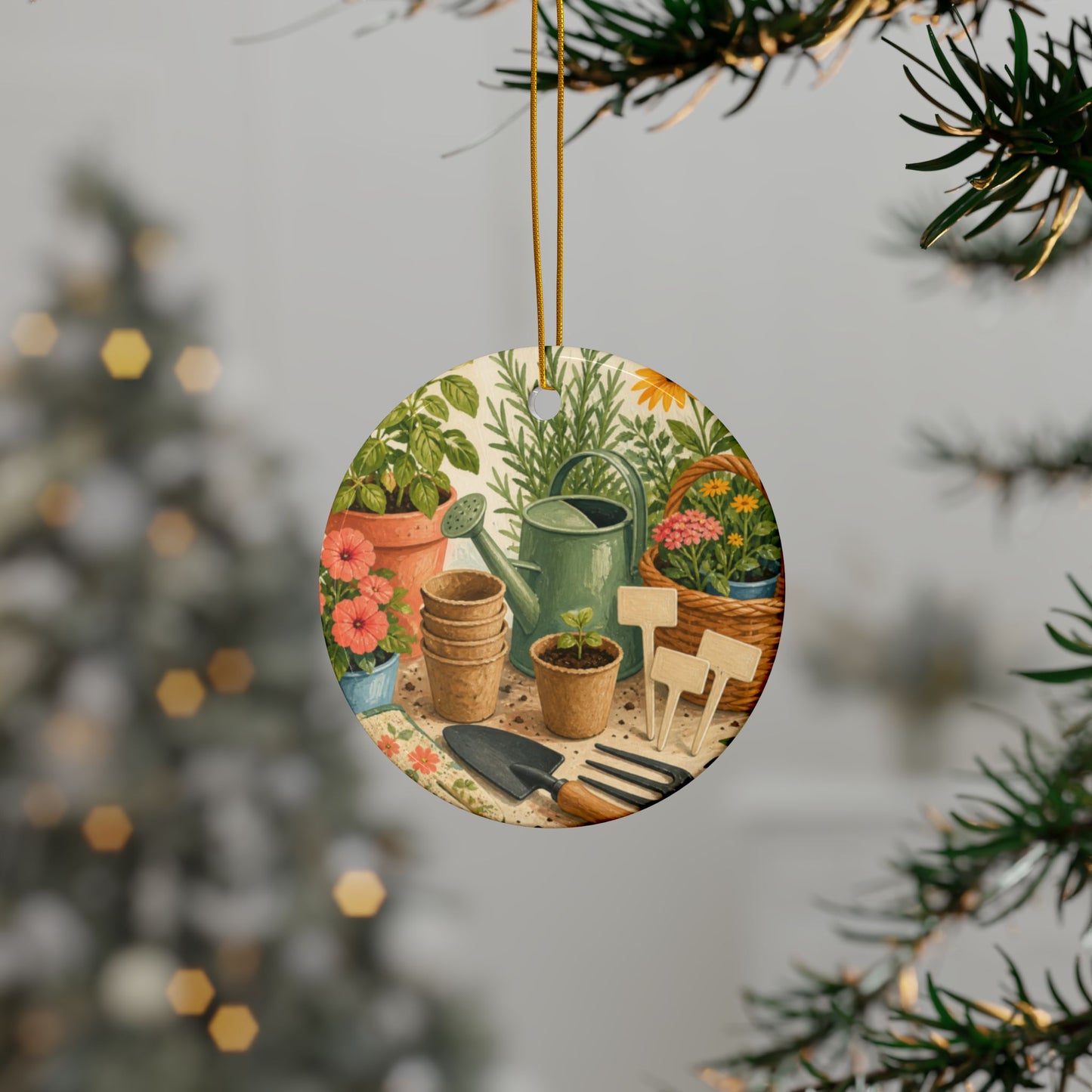Colorful Gardening Tools and Flowers Hobby Art Ceramic Ornament, Holiday Keepsak