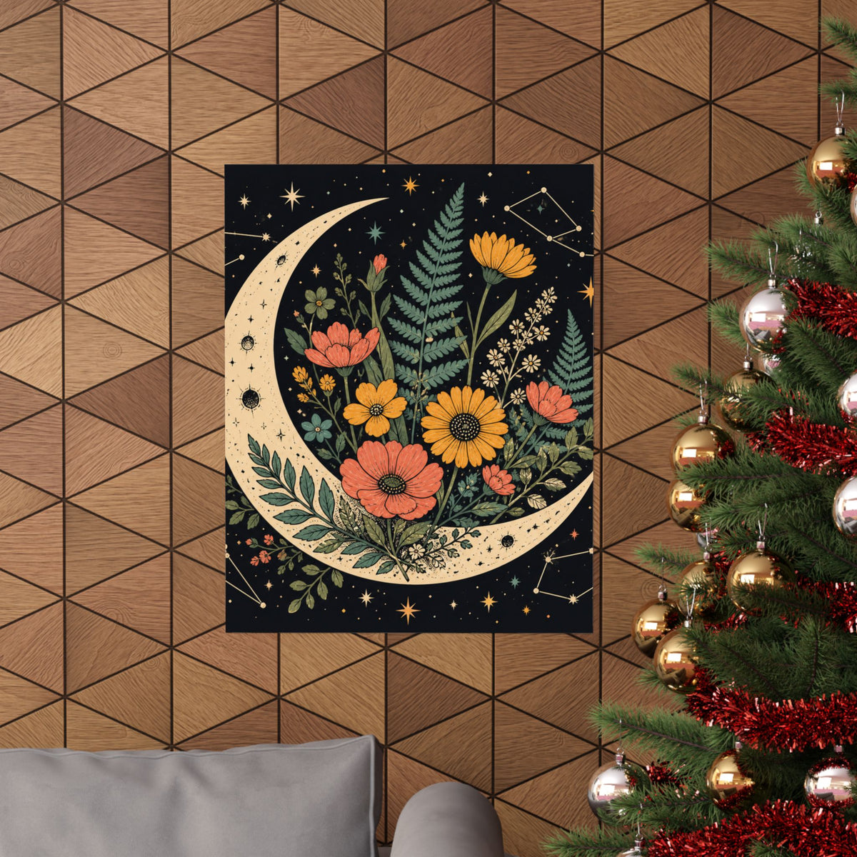 Celestial Wildflower Crescent Moon Botanical Art Poster