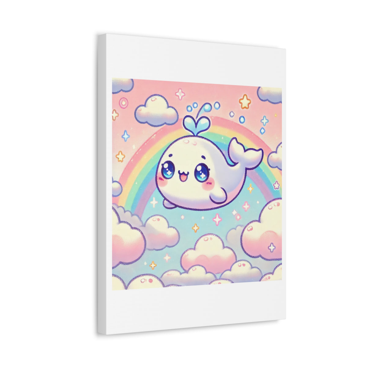 Kawaii Rainbow Whale Pastel Cloud Canvas Wall Art