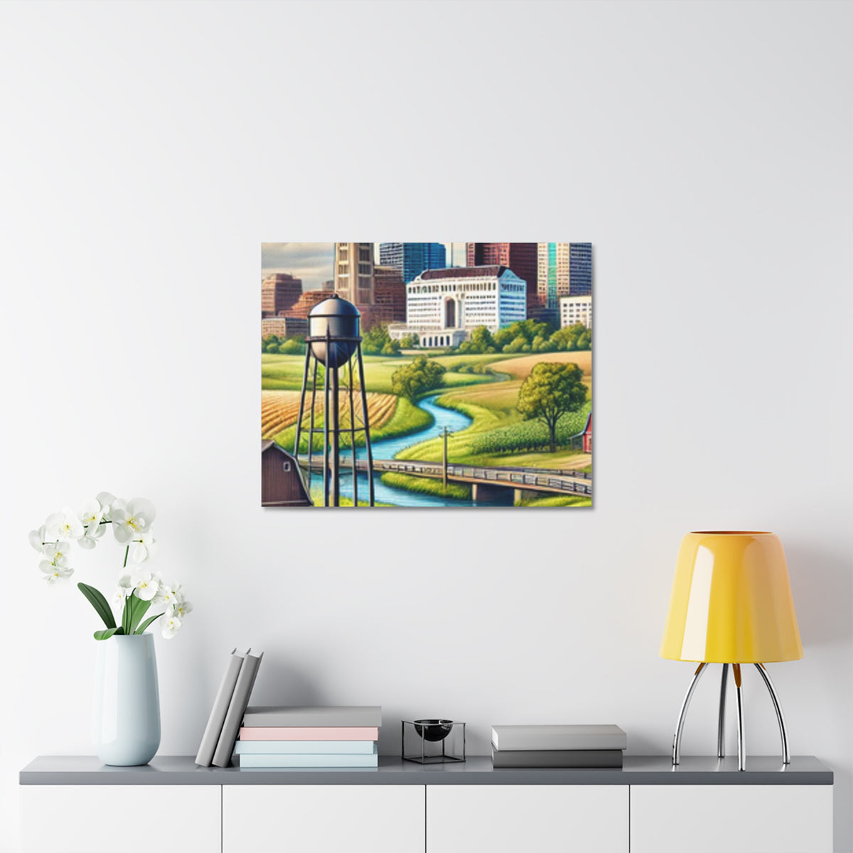 Rural River City Skyline Hometown Landscape Canvas Wall Art