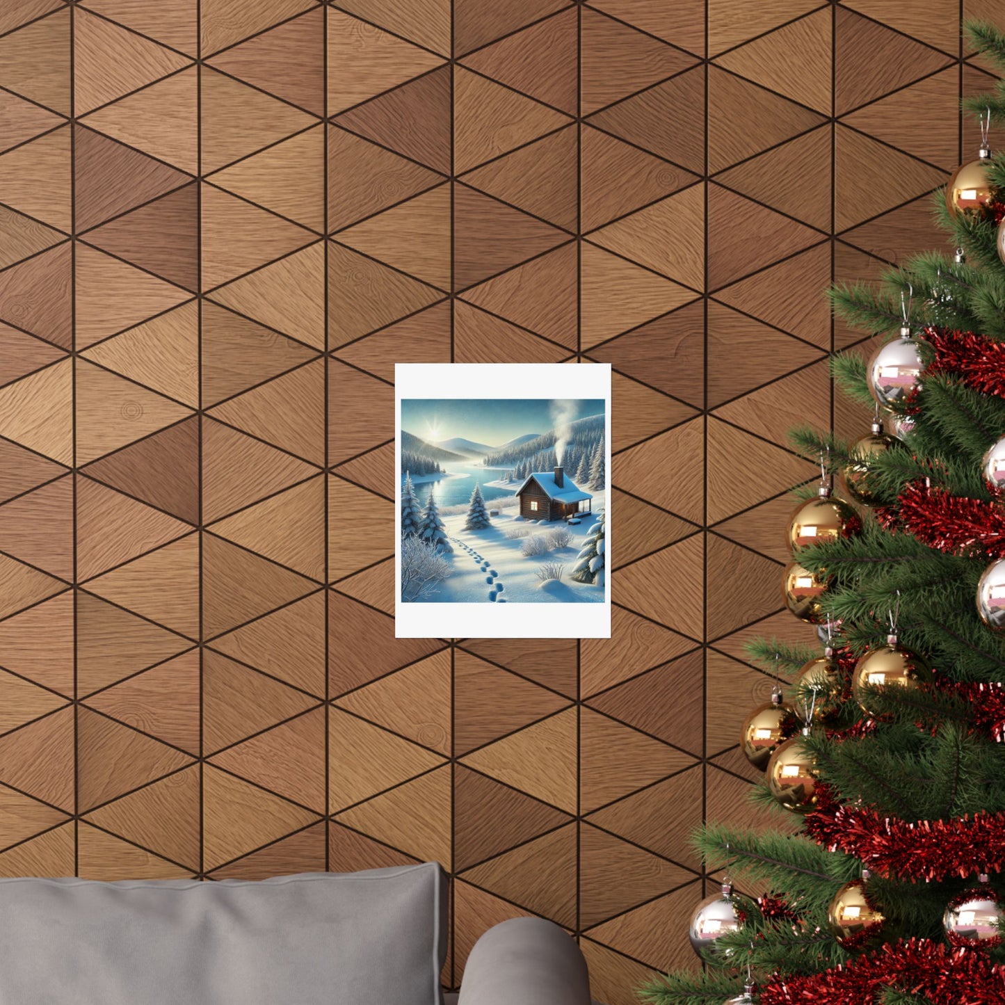 Snowy Cabin Winter Lake Landscape Art Poster