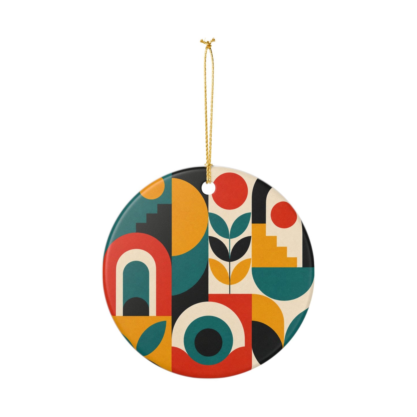 Mid Century Arches Botanical Geometric Abstract Ceramic Ornament, Holiday Keepsa