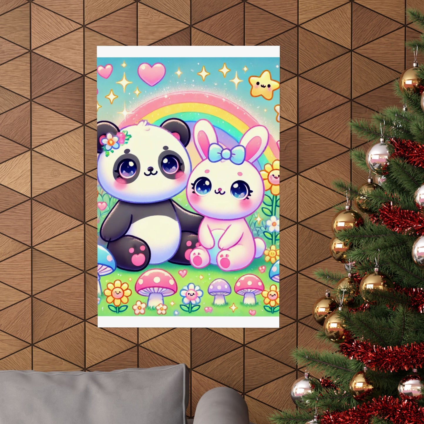 Pastel Panda and Bunny Rainbow Garden Wall Art Poster