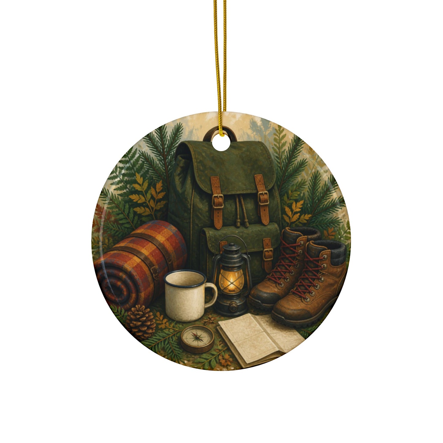 Generic Camping Gear Outdoor Adventure Art Ceramic Ornament, Holiday Keepsake an