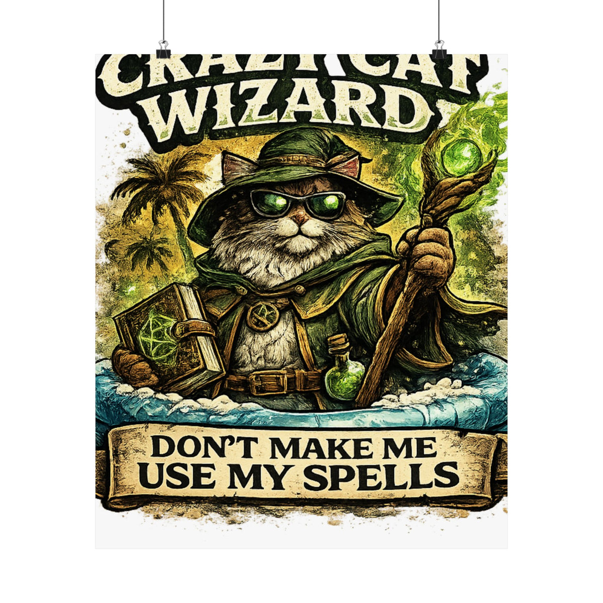 Crazy Cat Wizard Funny Fantasy Magic Art Poster