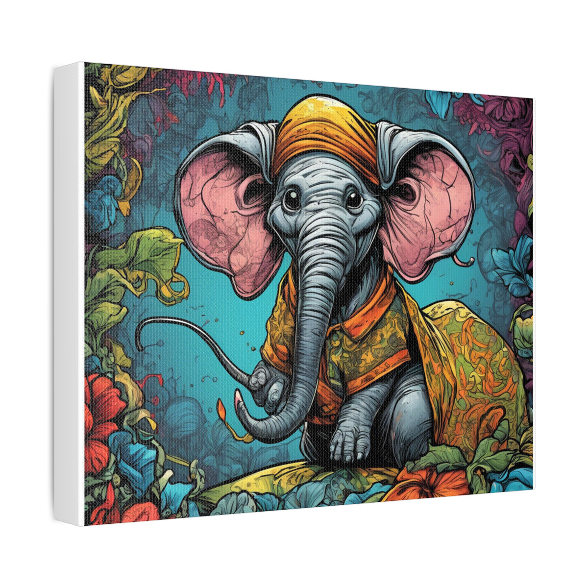 Colorful Storybook Elephant Floral Garden Canvas Wall Art