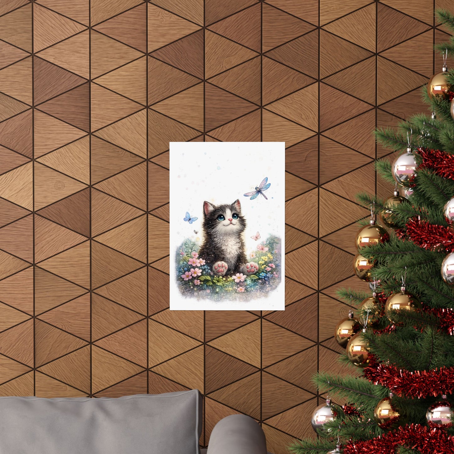 Whimsical Kitten Butterfly Garden Art Poster