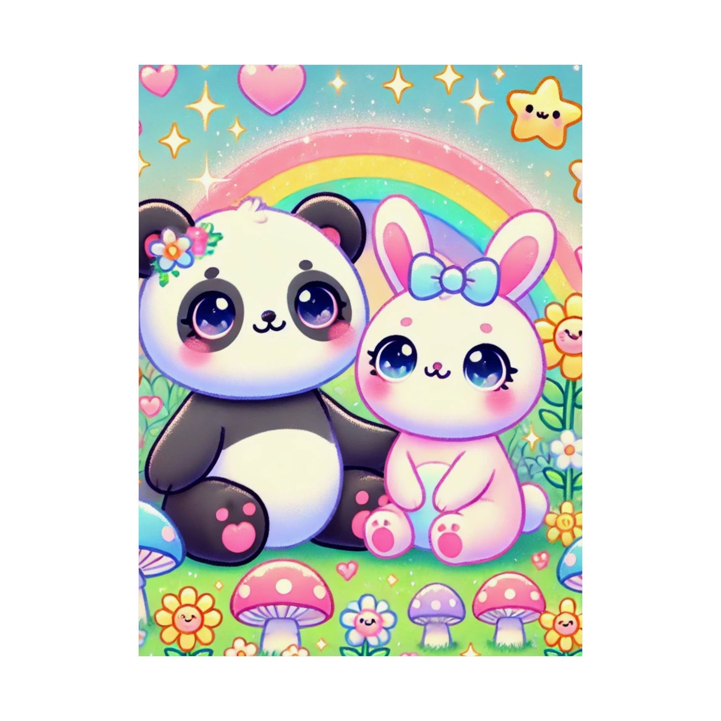 Pastel Panda and Bunny Rainbow Garden Wall Art Poster