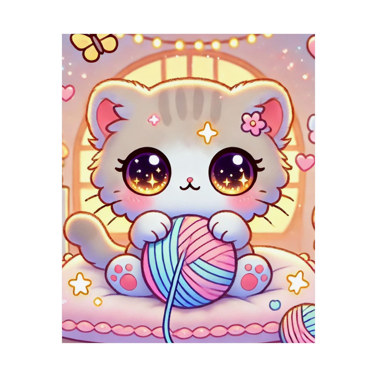 Cozy Kawaii Knitting Cat Pastel Yarn Wall Art Poster