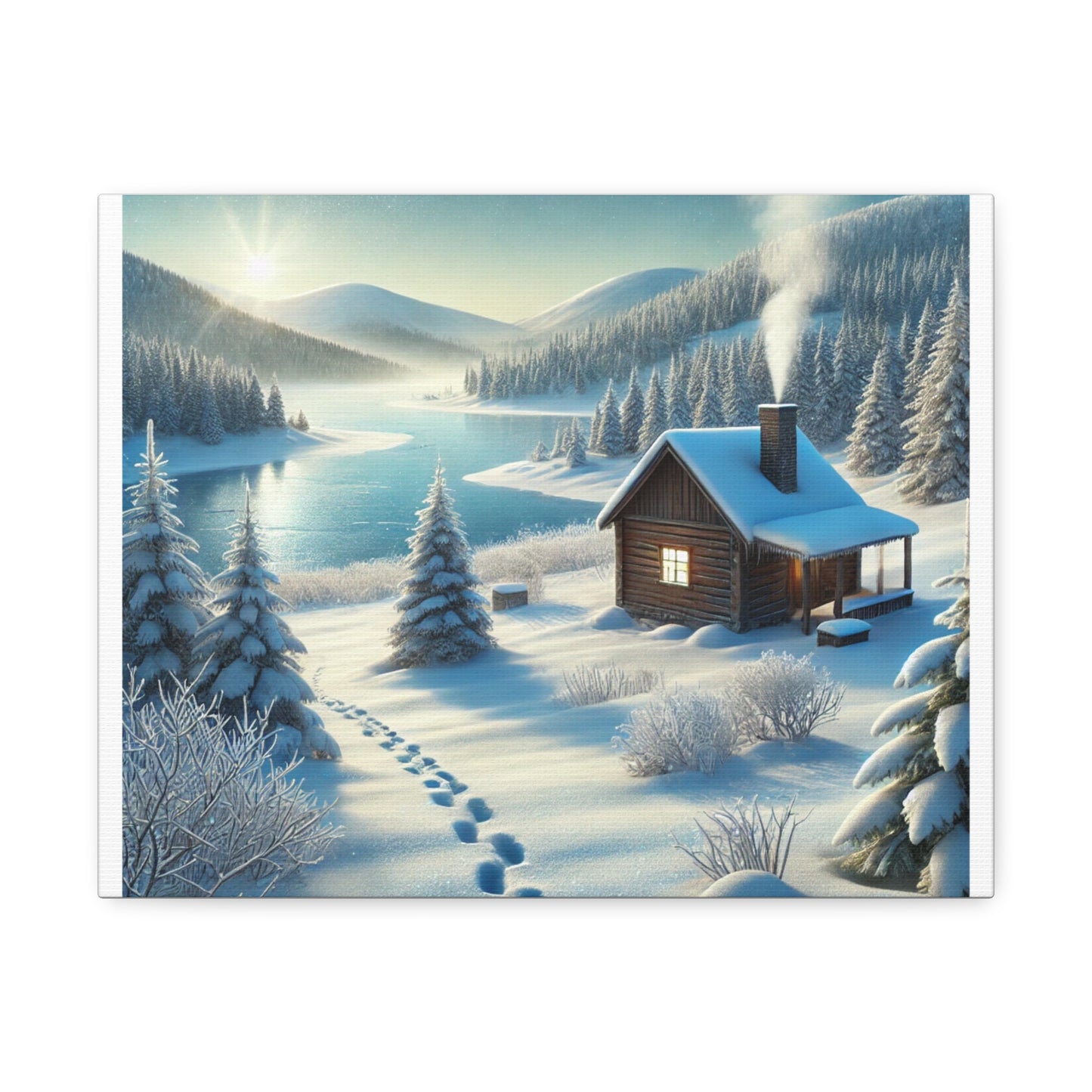Snowy Cabin Winter Lake Landscape Art Canvas