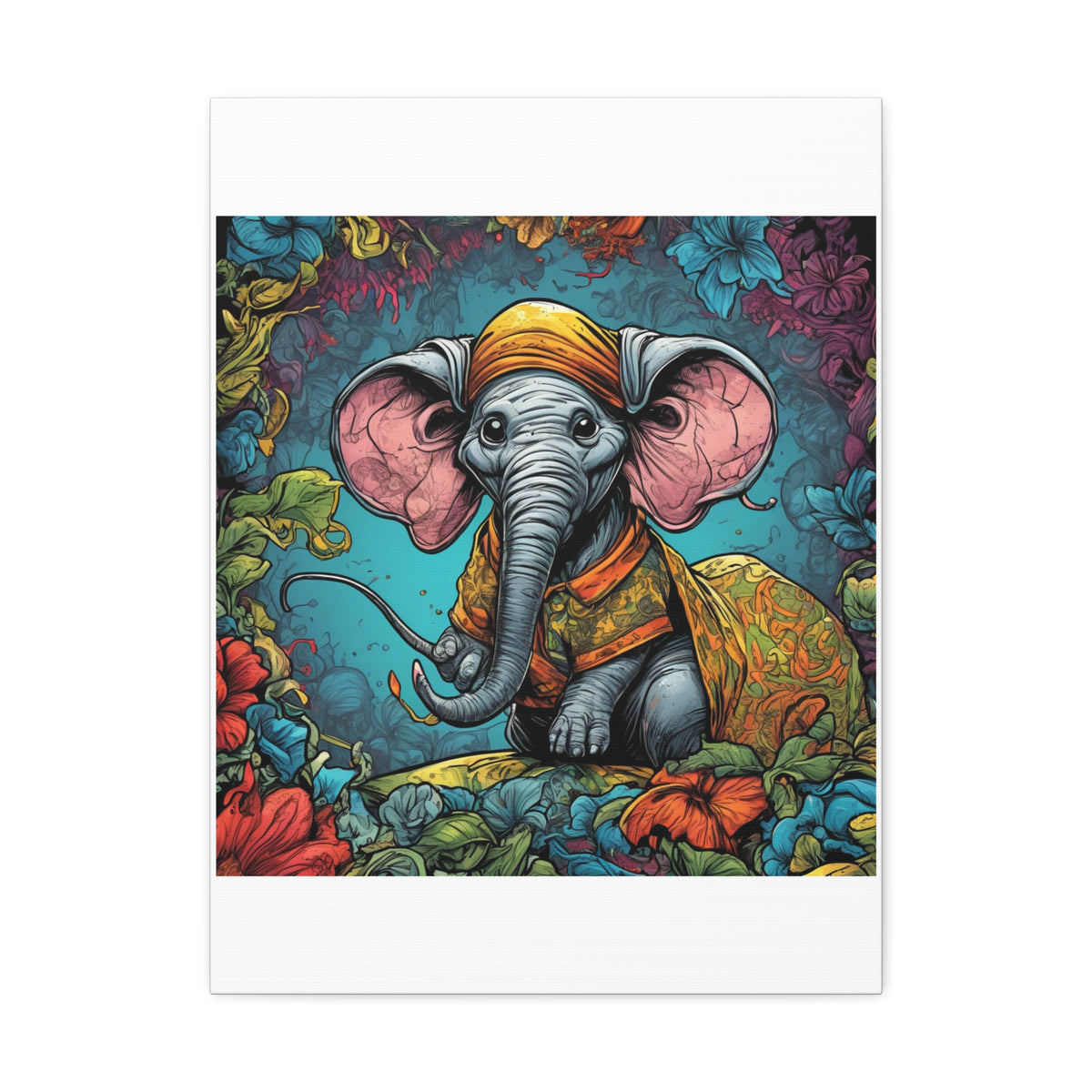 Colorful Storybook Elephant Floral Garden Canvas Wall Art