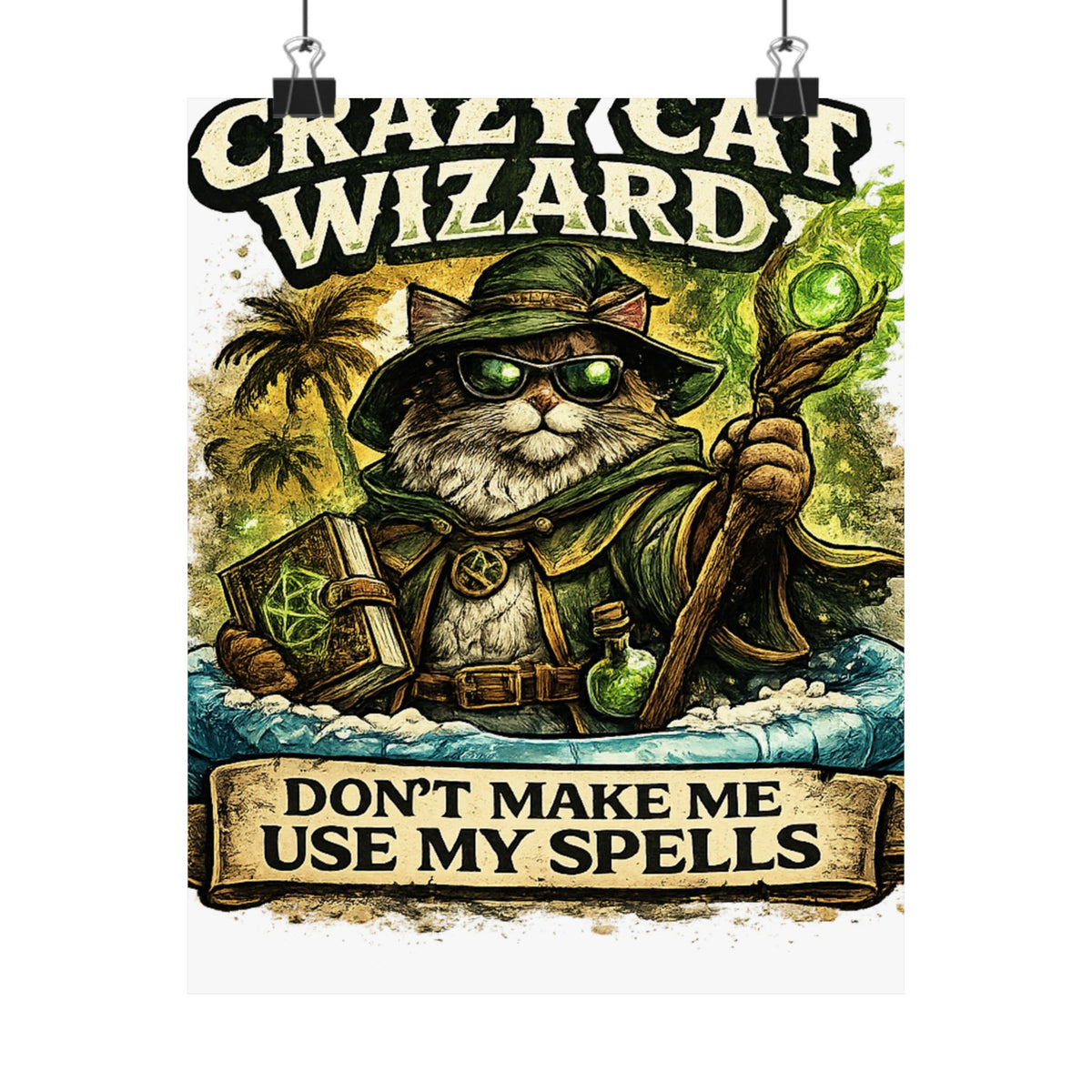 Crazy Cat Wizard Funny Fantasy Magic Art Poster