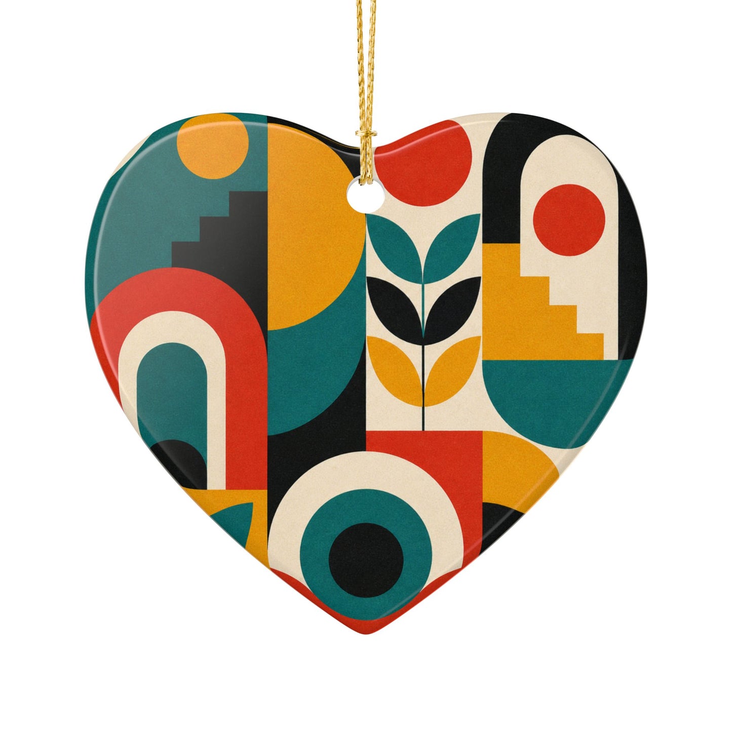 Mid Century Arches Botanical Geometric Abstract Ceramic Ornament, Holiday Keepsa