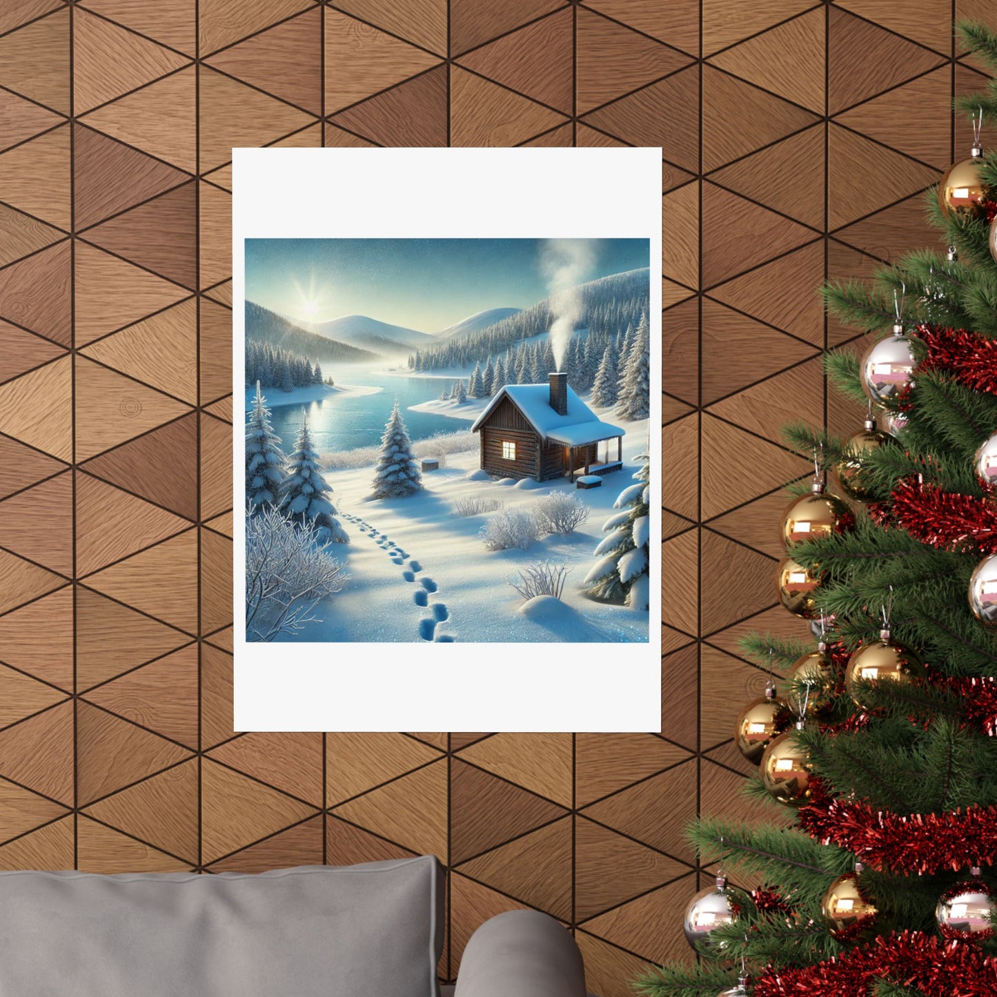 Snowy Cabin Winter Lake Landscape Art Poster