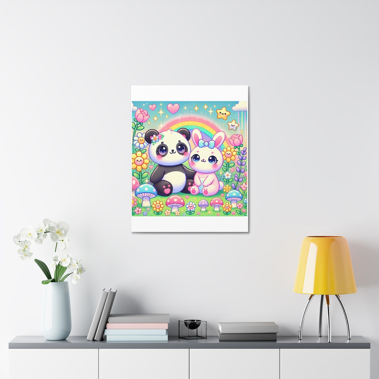 Pastel Panda and Bunny Rainbow Garden Canvas Wall Art