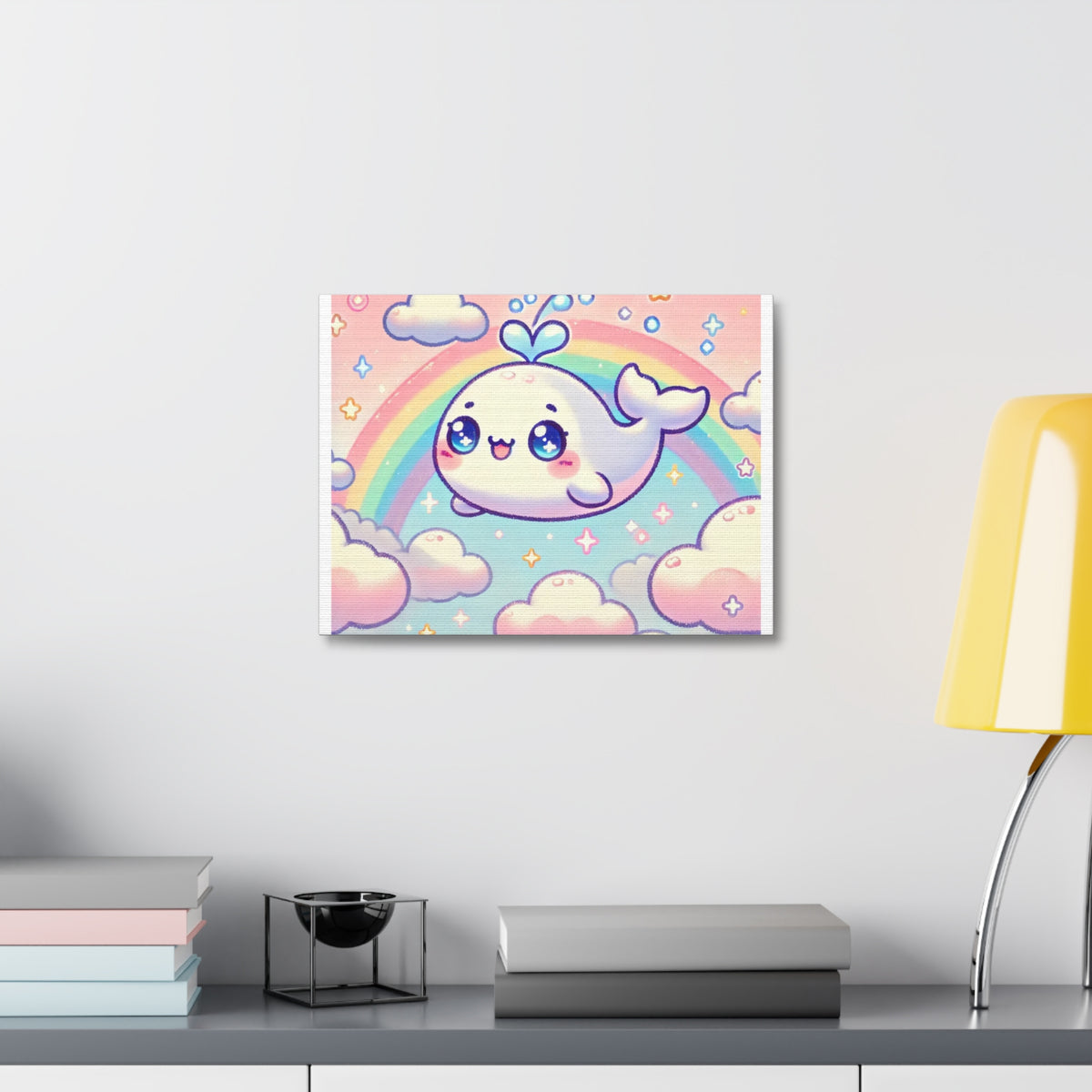 Kawaii Rainbow Whale Pastel Cloud Canvas Wall Art