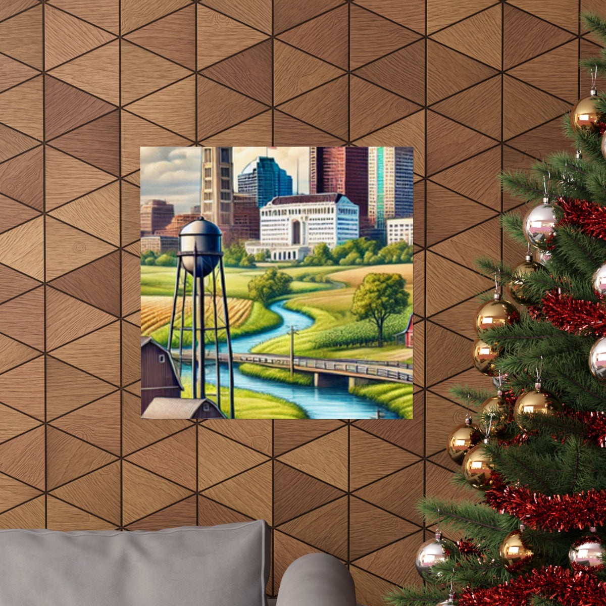 Rural River City Skyline Hometown Landscape Poster Art