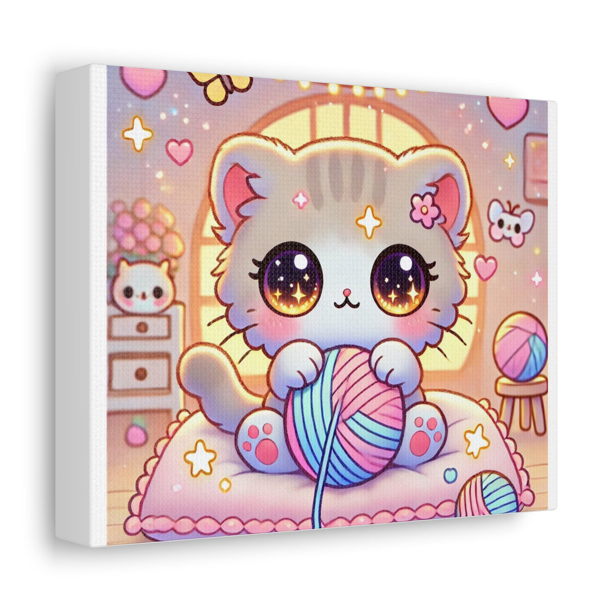Cozy Kawaii Knitting Cat Pastel Yarn Canvas Wall Art