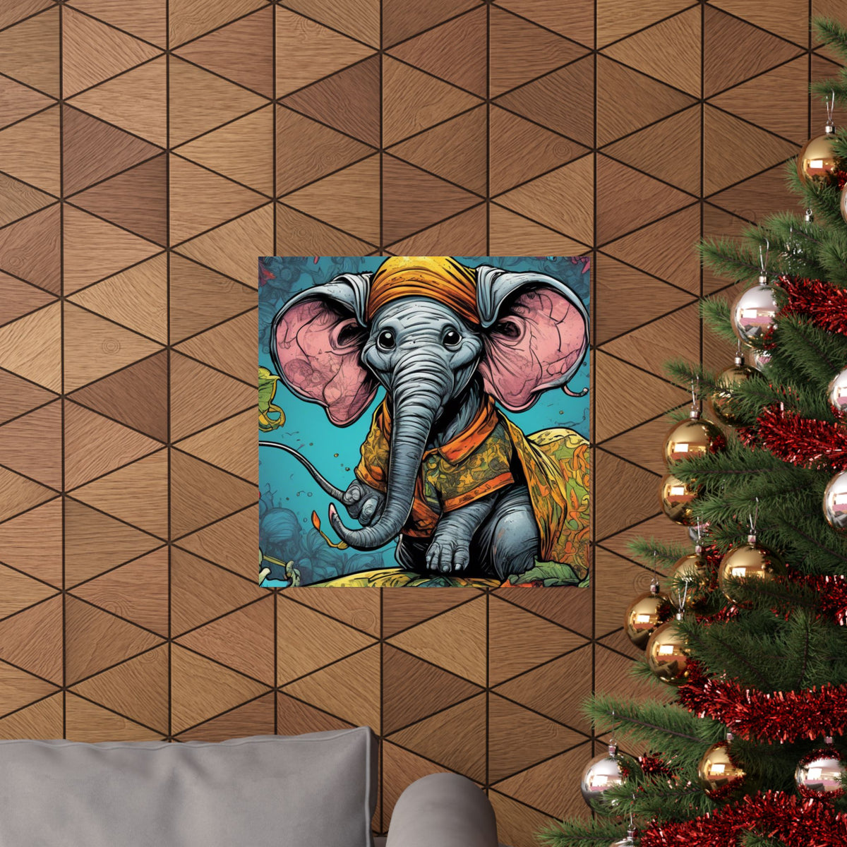 Colorful Storybook Elephant Floral Garden Wall Art Poster