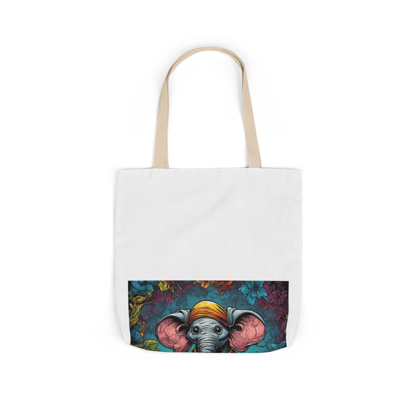 Colorful Storybook Elephant Floral Canvas Tote Bag