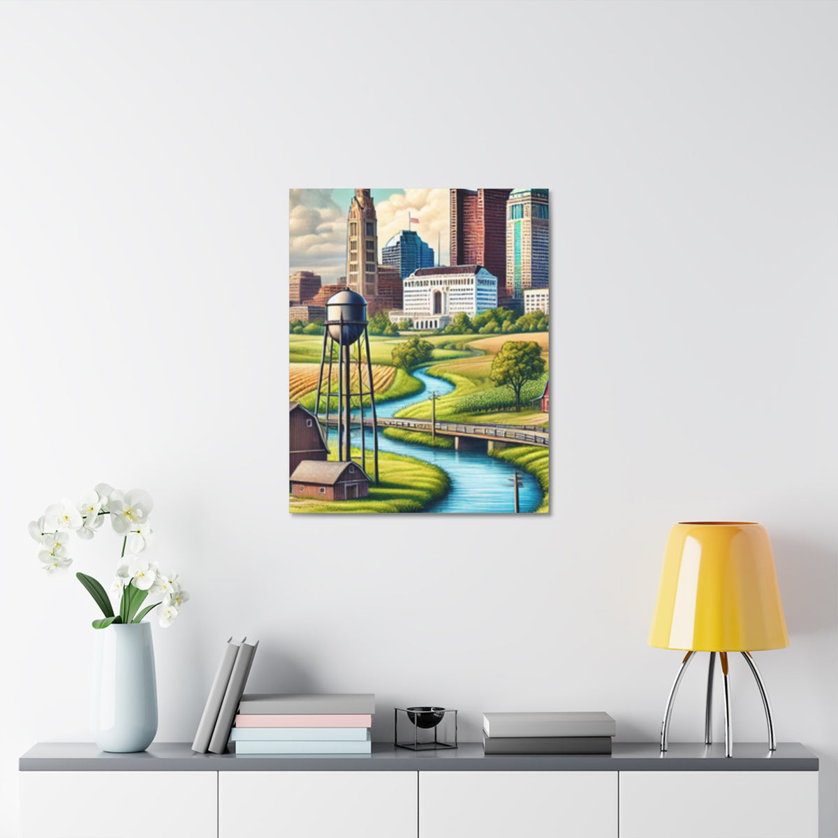 Rural River City Skyline Hometown Landscape Canvas Wall Art
