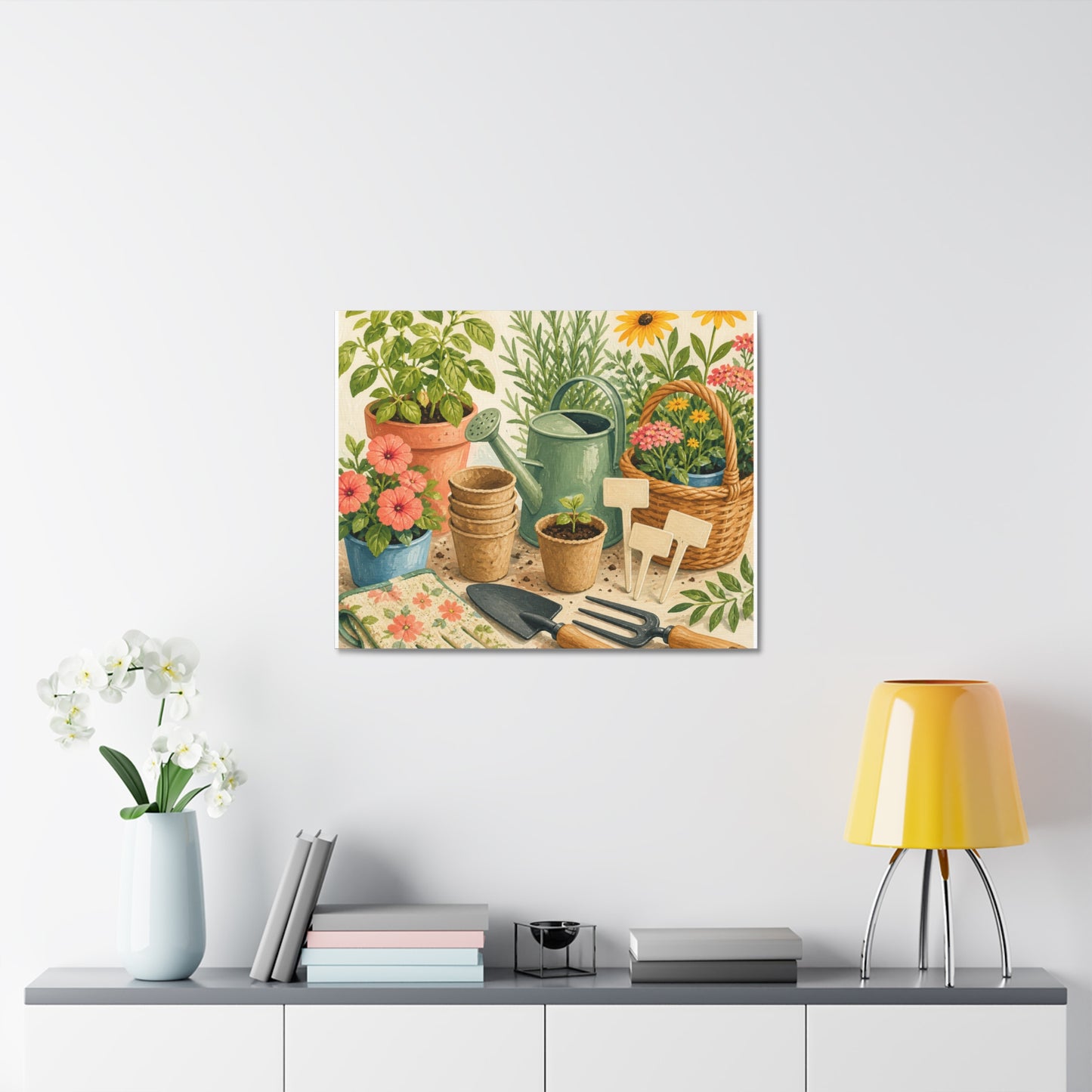 Colorful Gardening Tools and Flowers Canvas Art