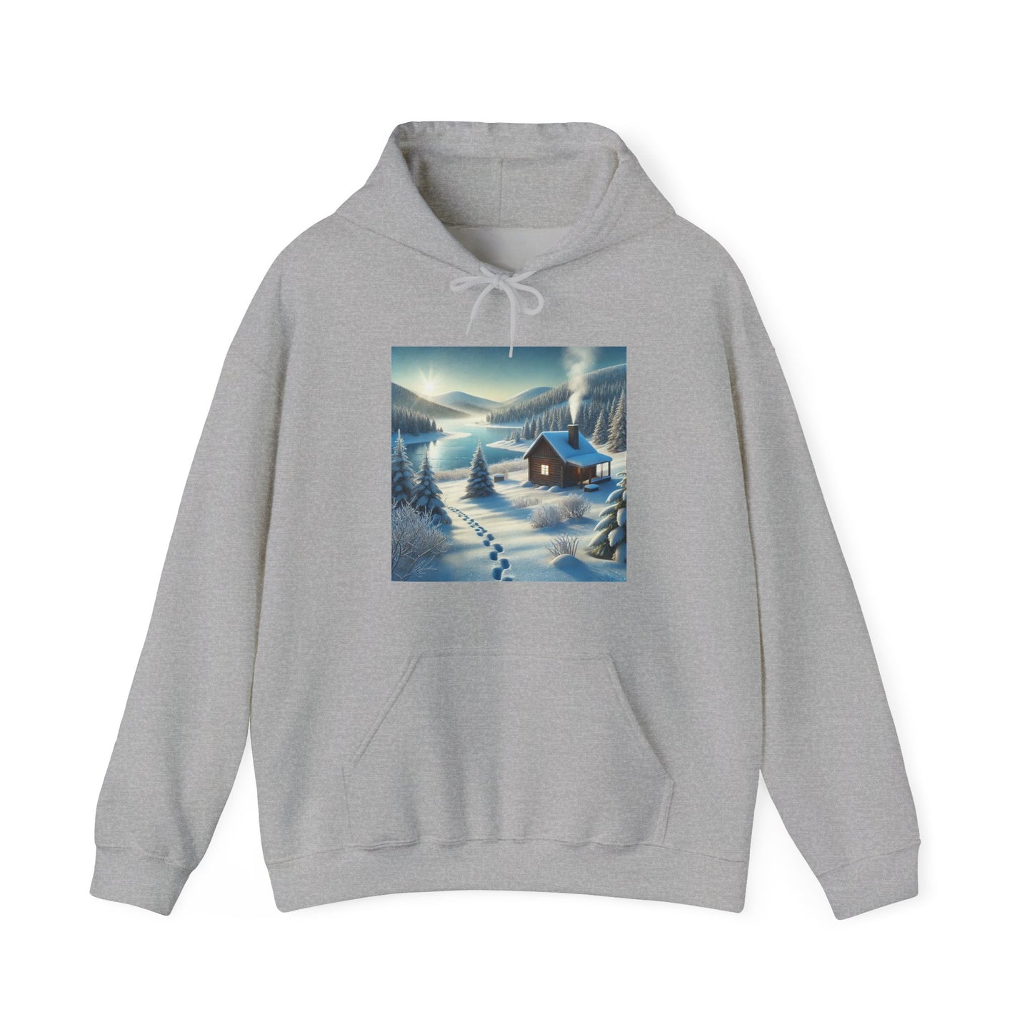 Snowy Cabin Winter Lake Landscape Art Hoodie
