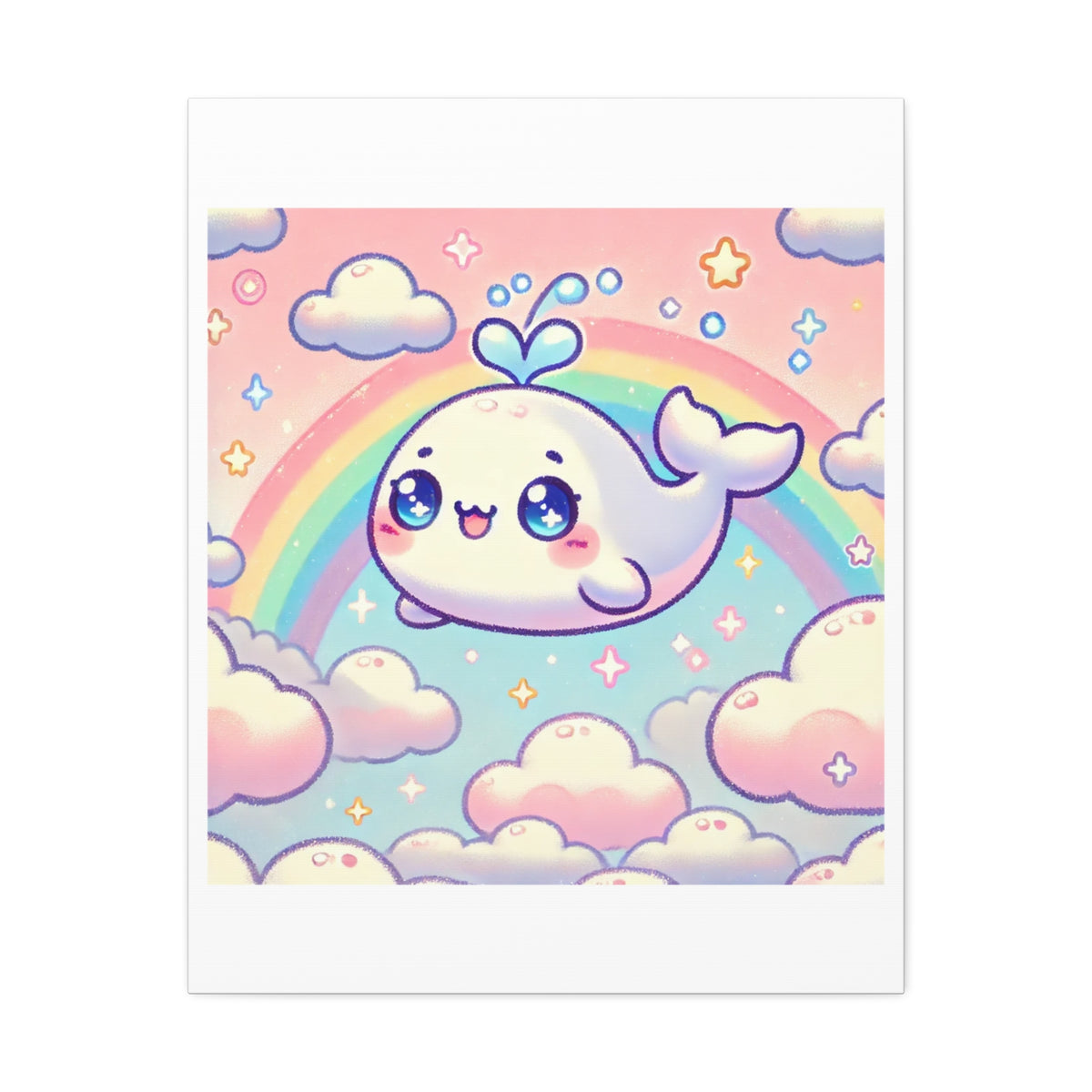 Kawaii Rainbow Whale Pastel Cloud Canvas Wall Art