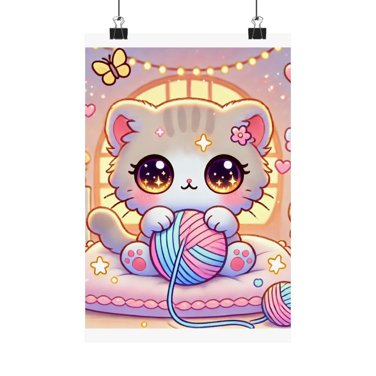 Cozy Kawaii Knitting Cat Pastel Yarn Wall Art Poster
