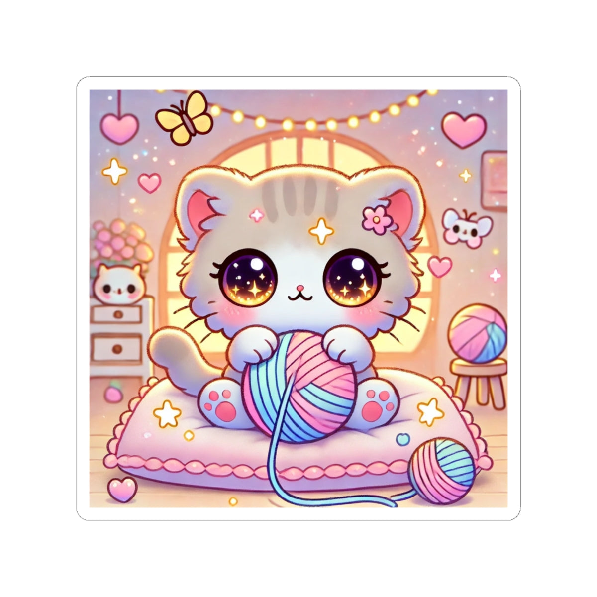 Cozy Kawaii Knitting Cat Pastel Yarn Sticker
