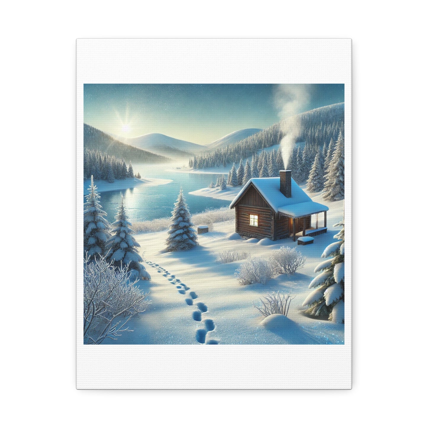 Snowy Cabin Winter Lake Landscape Art Canvas