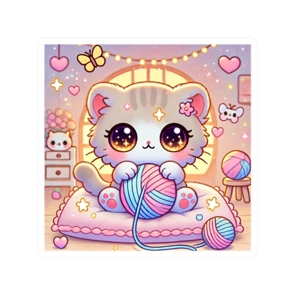 Cozy Kawaii Knitting Cat Pastel Yarn Sticker