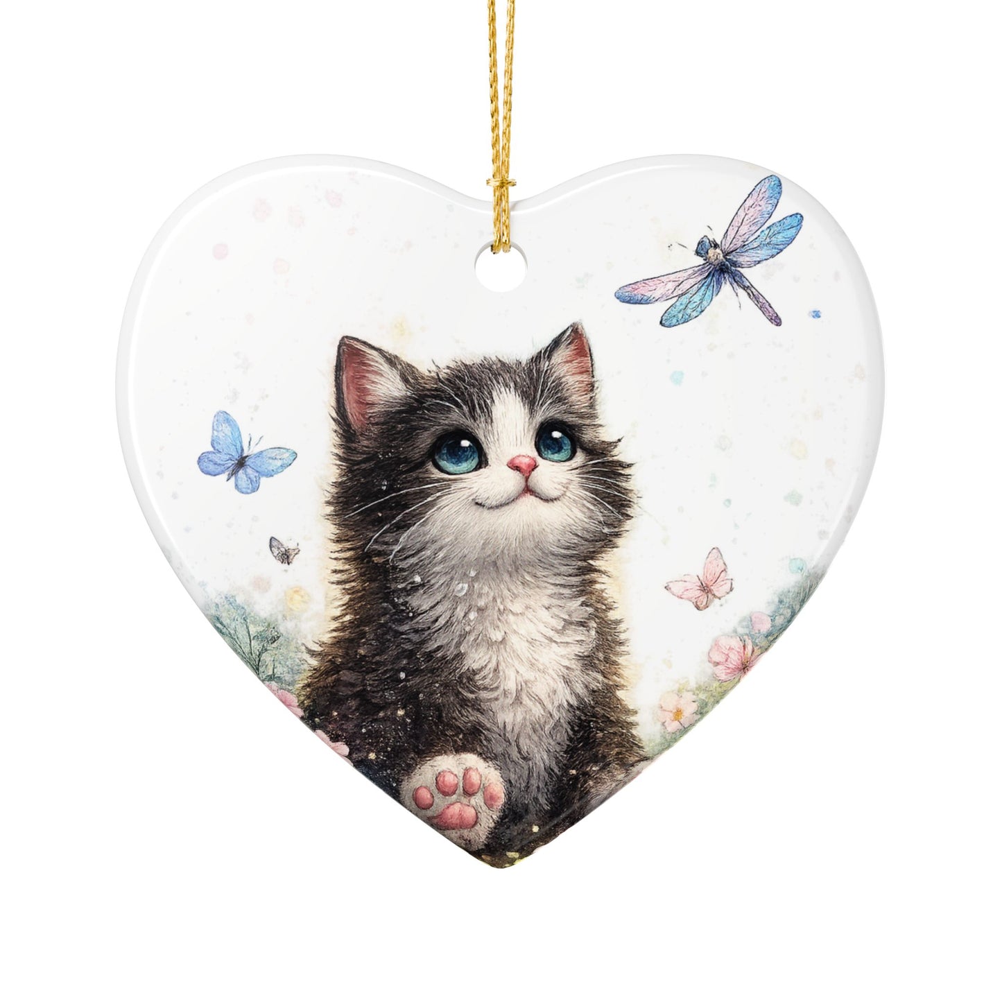 Whimsical Kitten Butterfly Garden Art Ceramic Ornament, Holiday Keepsake and Gif