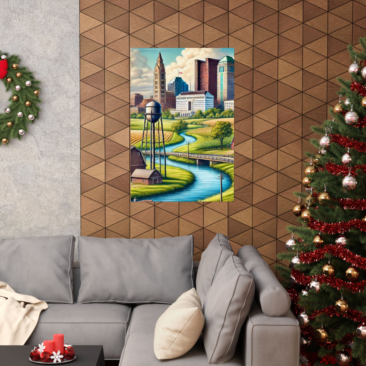 Rural River City Skyline Hometown Landscape Poster Art