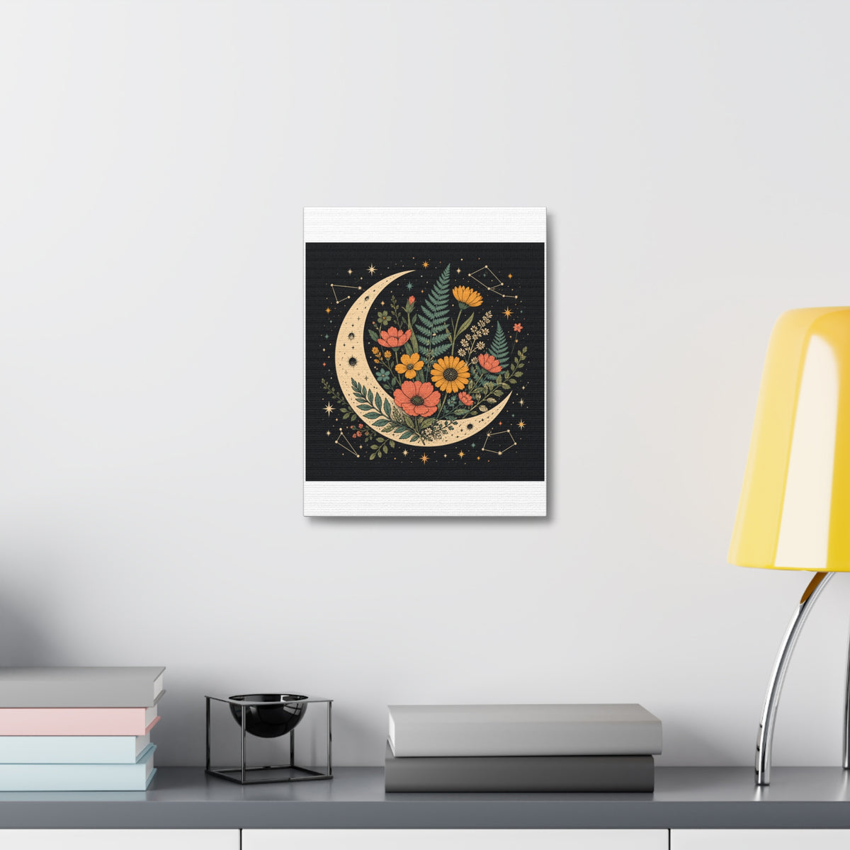 Celestial Wildflower Crescent Moon Botanical Canvas Art