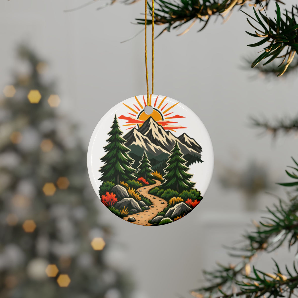 Sunrise Mountain Trail Outdoor Adventure Ceramic Ornament, Holiday Keepsake and