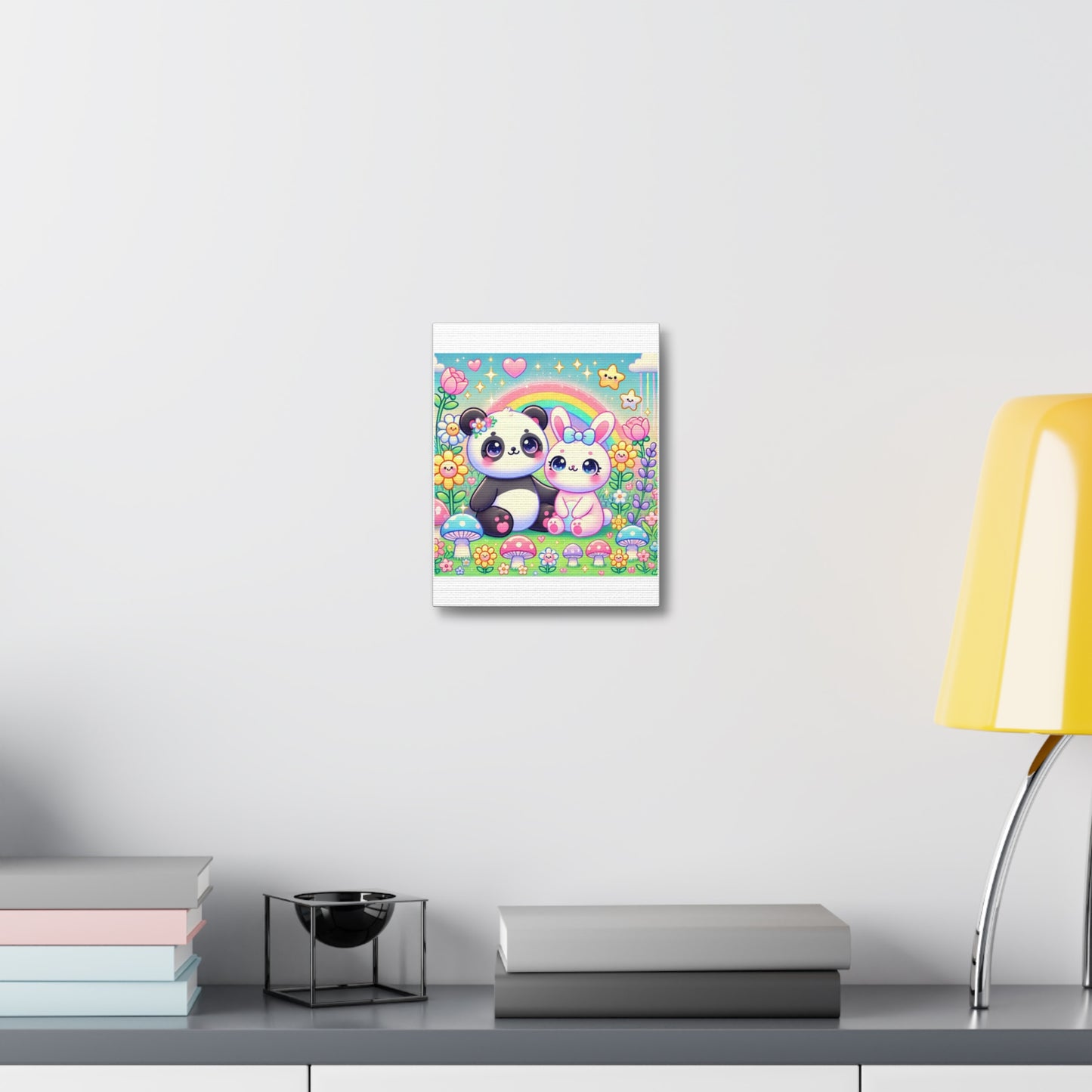 Pastel Panda and Bunny Rainbow Garden Canvas Wall Art