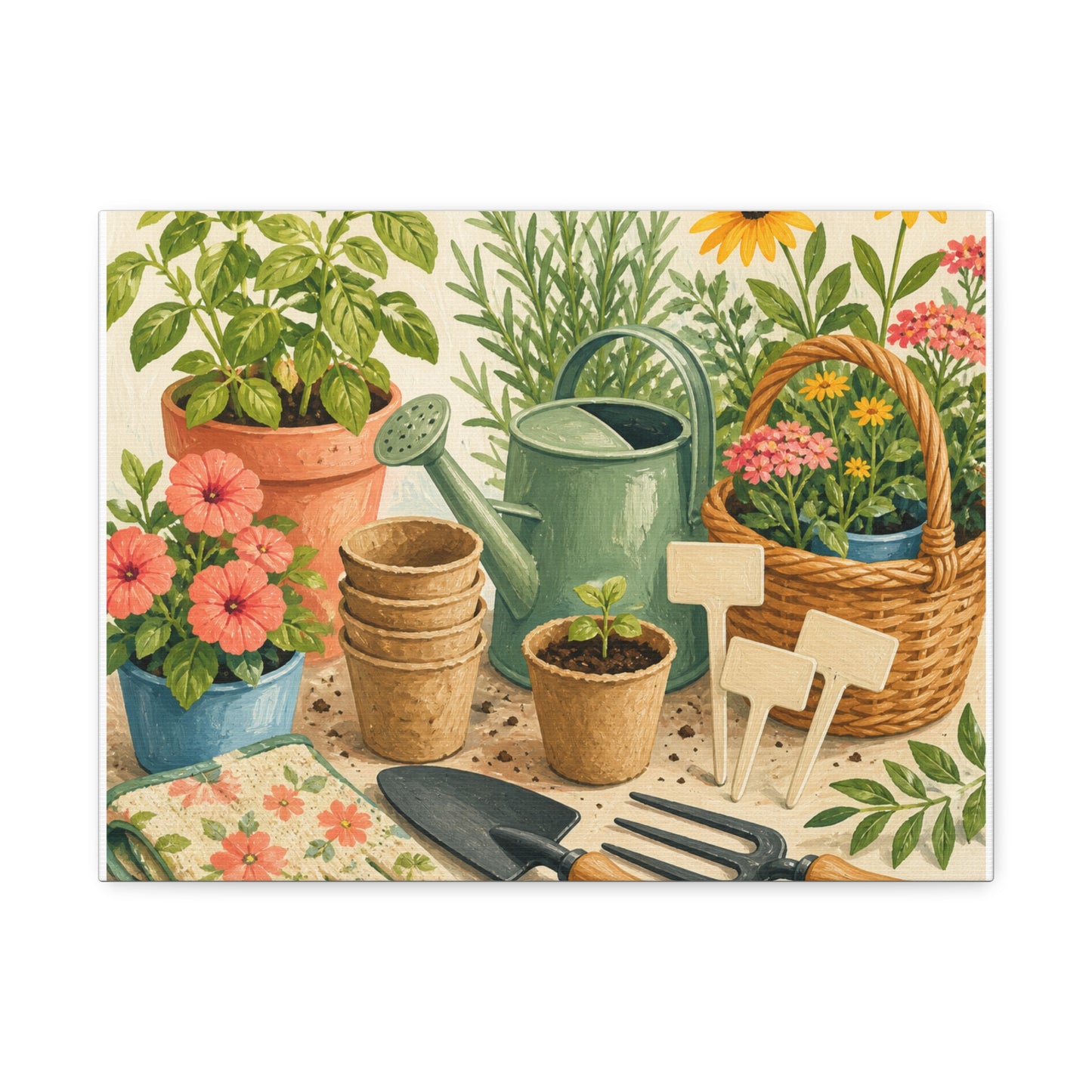 Colorful Gardening Tools and Flowers Canvas Art