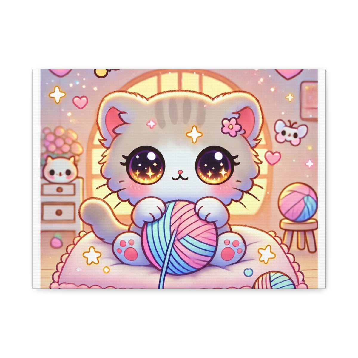 Cozy Kawaii Knitting Cat Pastel Yarn Canvas Wall Art