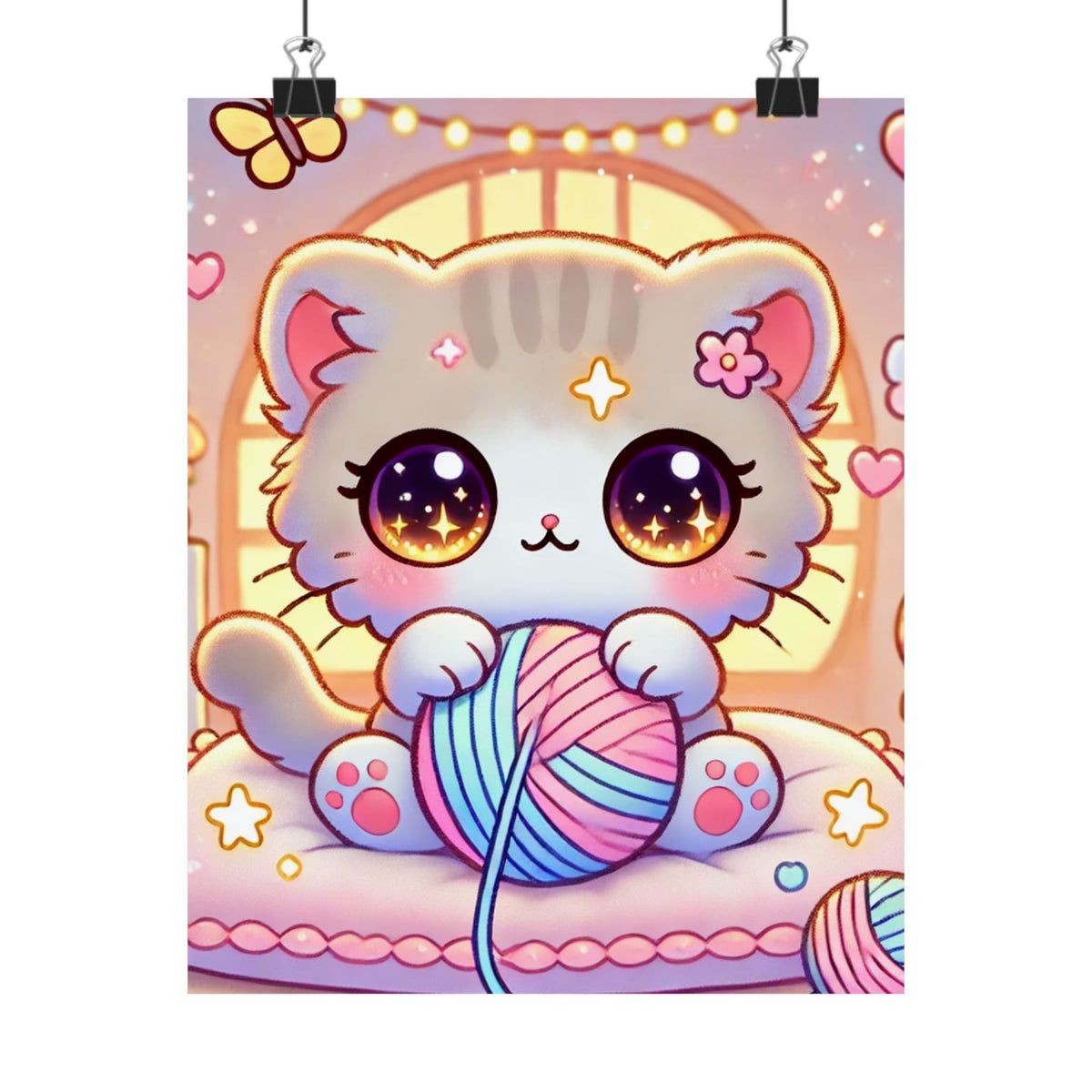 Cozy Kawaii Knitting Cat Pastel Yarn Wall Art Poster
