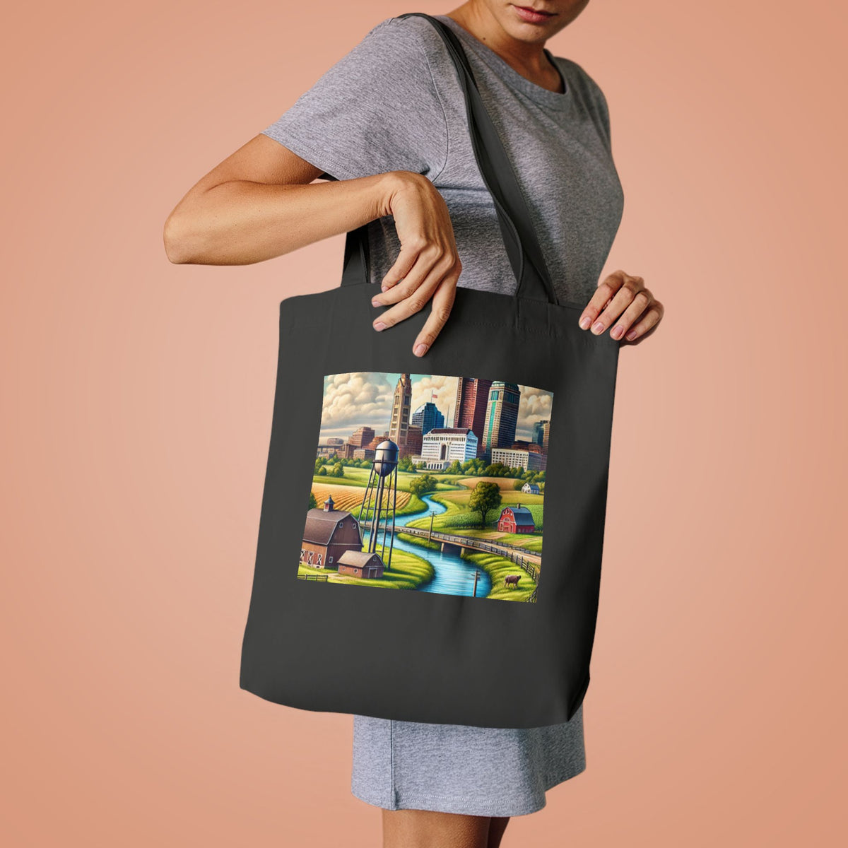 Rural River City Skyline Hometown Landscape Tote Bag