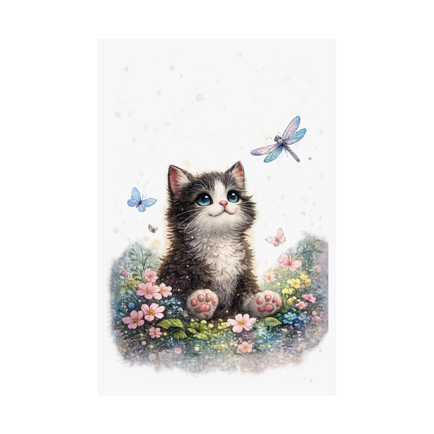 Whimsical Kitten Butterfly Garden Art Poster