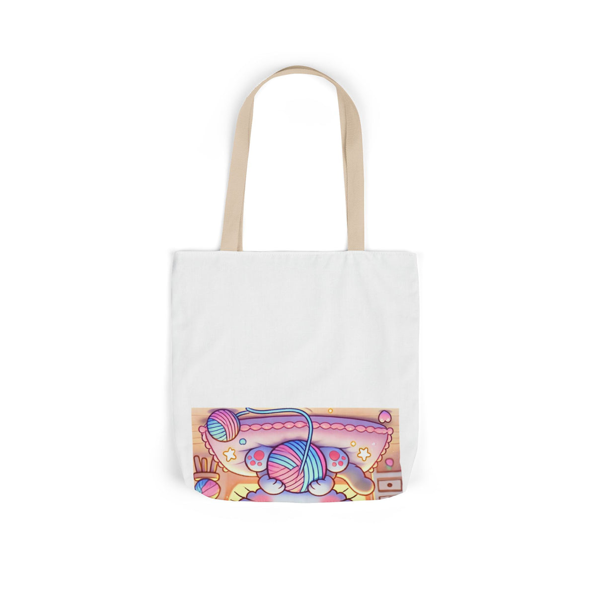 Cozy Kawaii Knitting Cat Pastel Yarn Canvas Tote Bag