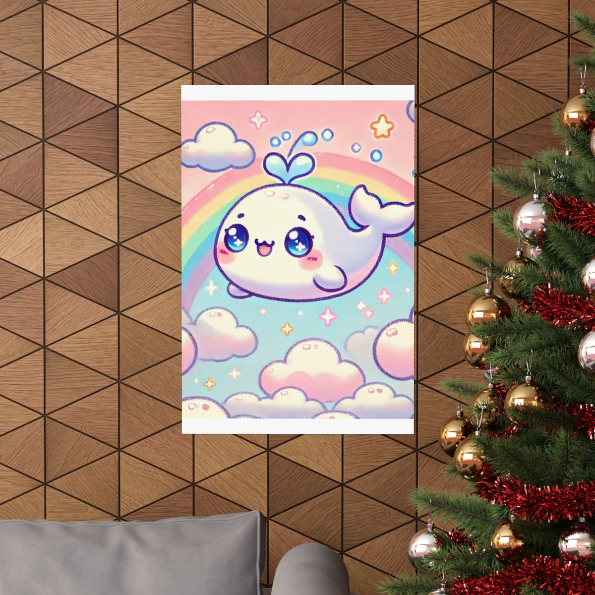 Kawaii Rainbow Whale Pastel Cloud Wall Art Poster