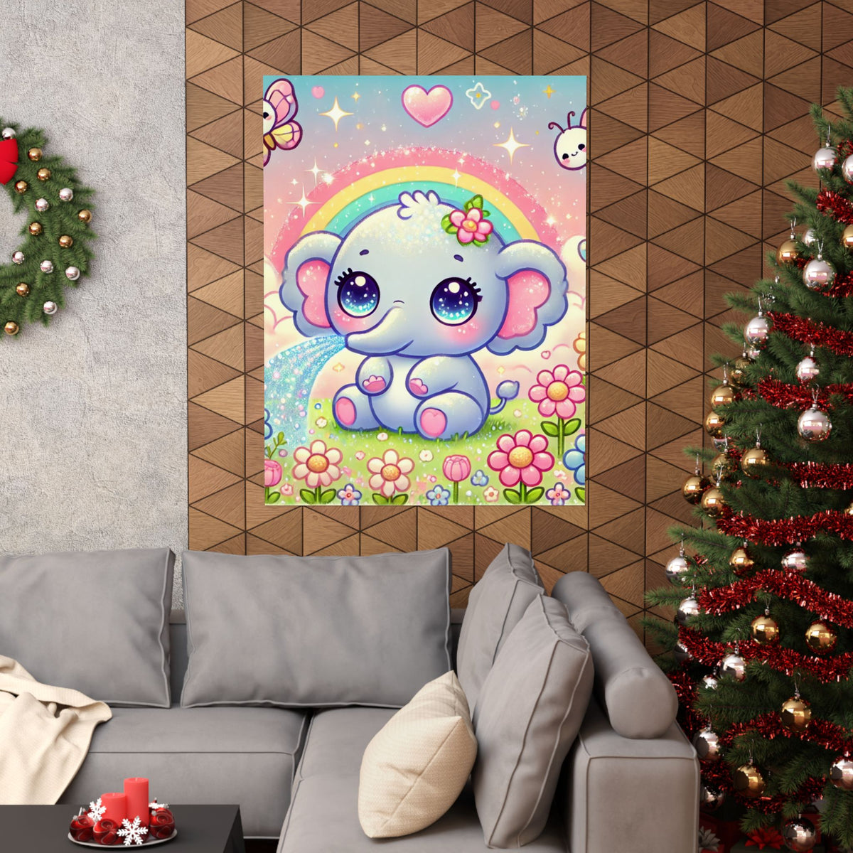 Pastel Rainbow Baby Elephant Floral Wall Art Poster