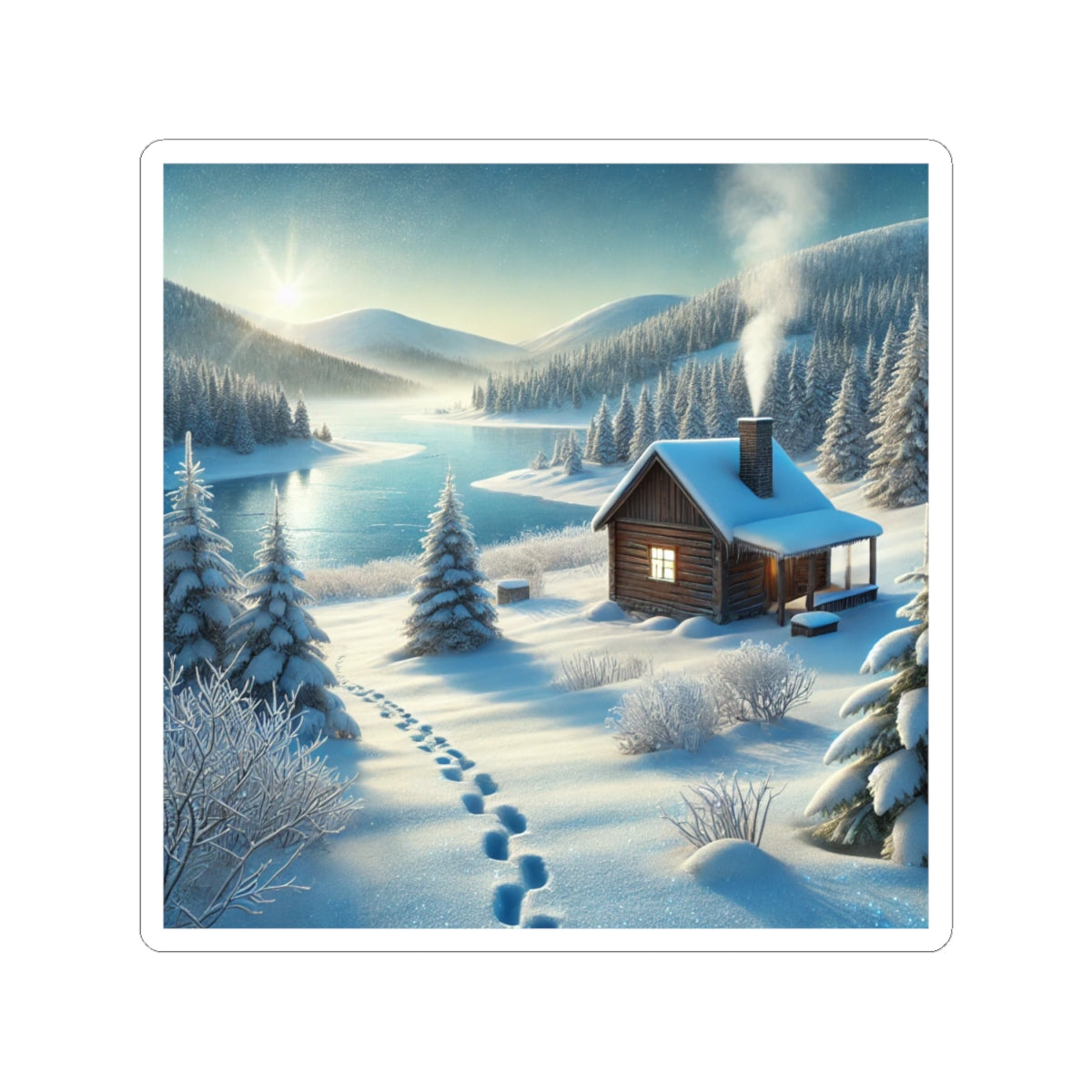 Snowy Cabin Winter Lake Landscape Art Sticker