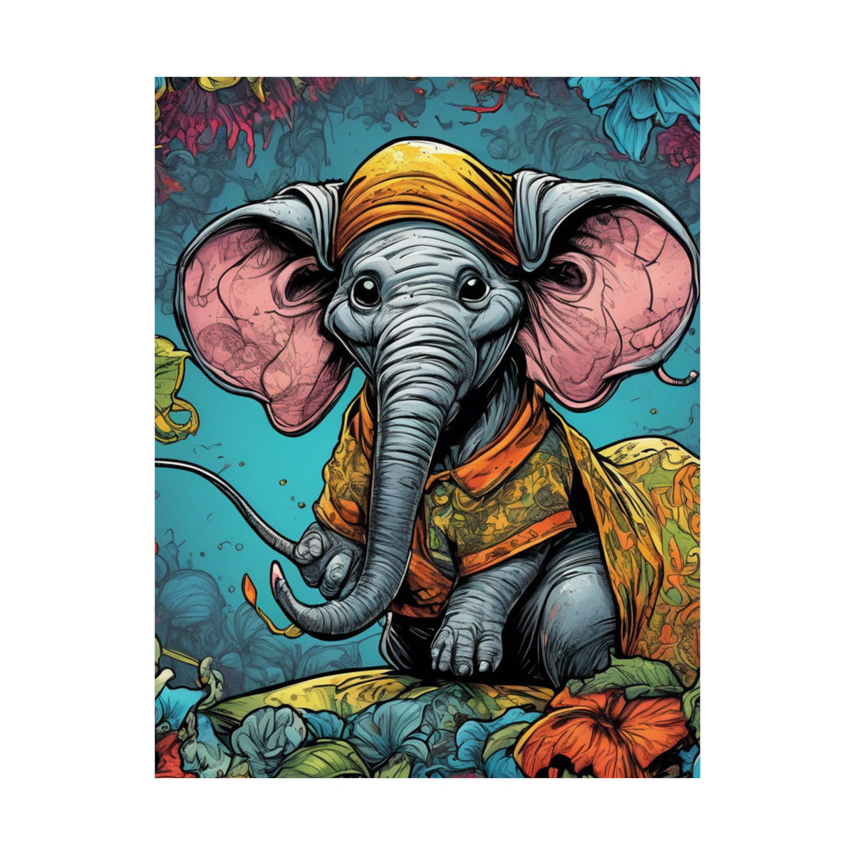 Colorful Storybook Elephant Floral Garden Wall Art Poster