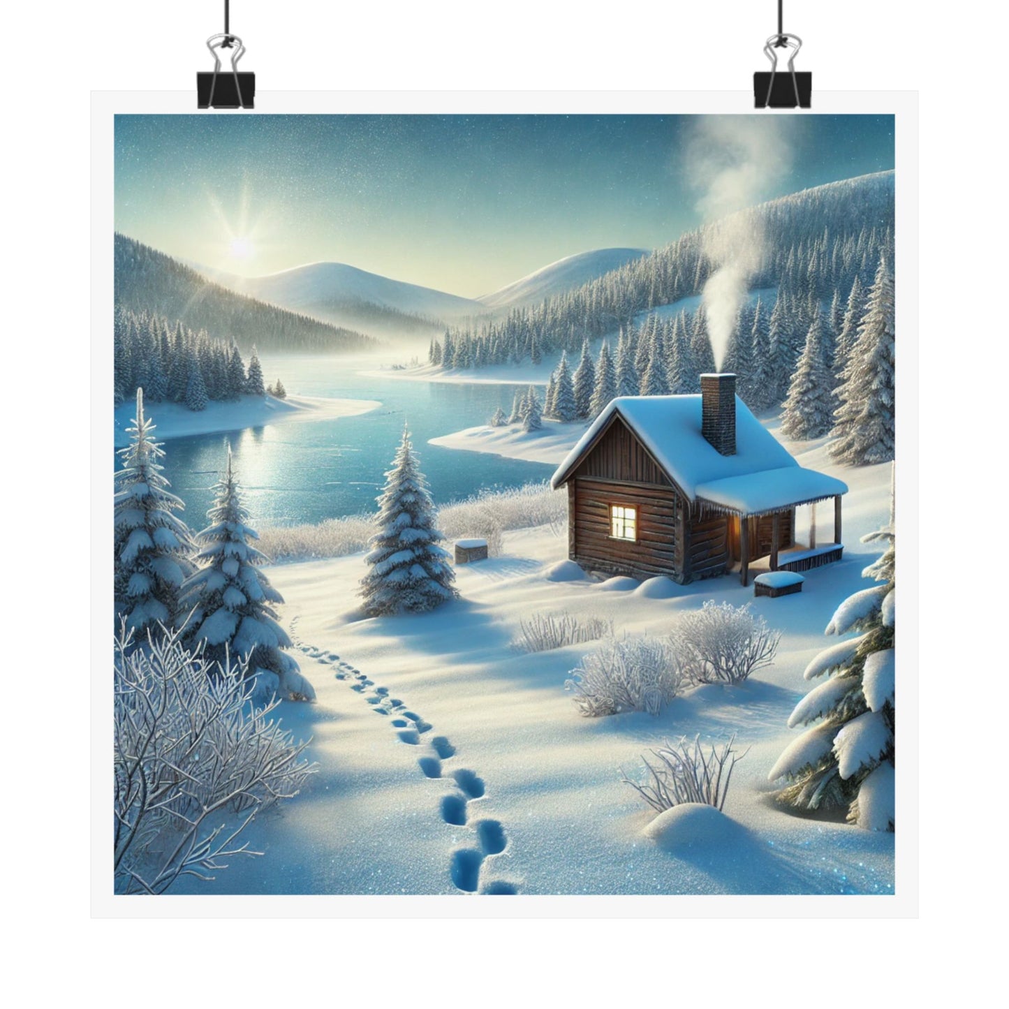 Snowy Cabin Winter Lake Landscape Art Poster